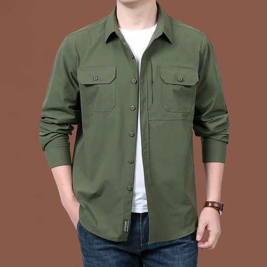 Herren nan modernes Travel-Langarmhemd mit Stretch-Material, verdeckter Knopfleiste und doppelfachen Klappbrusttaschen EB