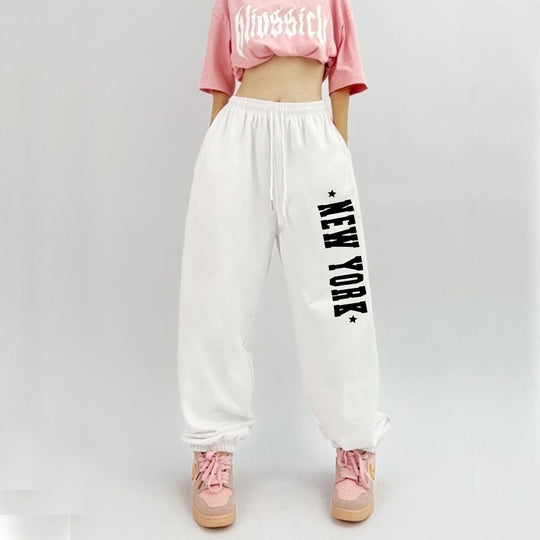 Damen nan weiche Highwaist-Sweatpants mit seitlichem New York-Print, elastischem Bund und Kordel EB