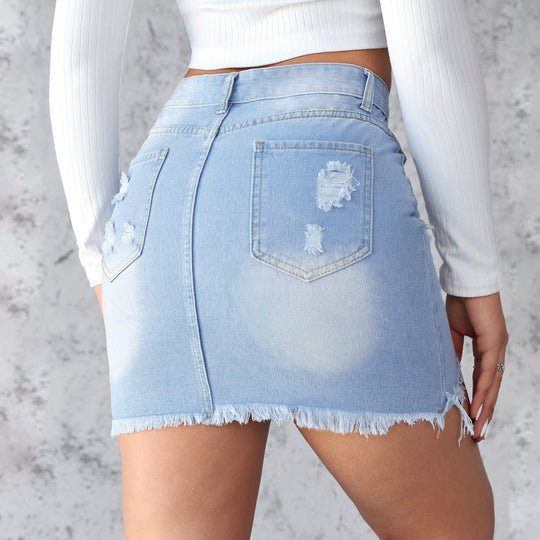 Damen Denim-Minirock mit ausgefranstem Saum und modischen Rissdetails EB