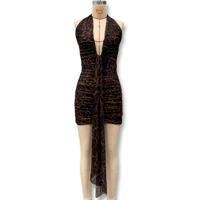 Damen Minikleid mit raffiniertem Tiermuster und tiefem V-Ausschnitt EB