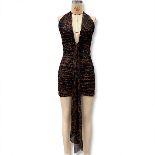 Damen Minikleid mit raffiniertem Tiermuster und tiefem V-Ausschnitt EB