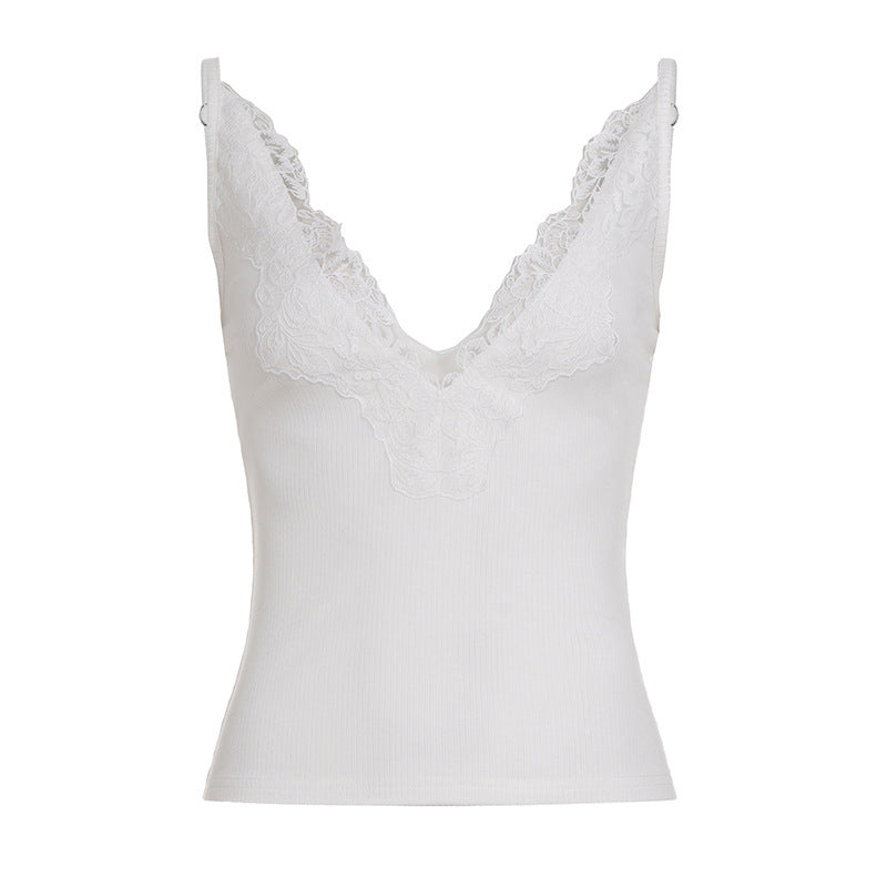 Damen Elegantes Top mit Spitzenverzierung und tiefem V-Ausschnitt EB