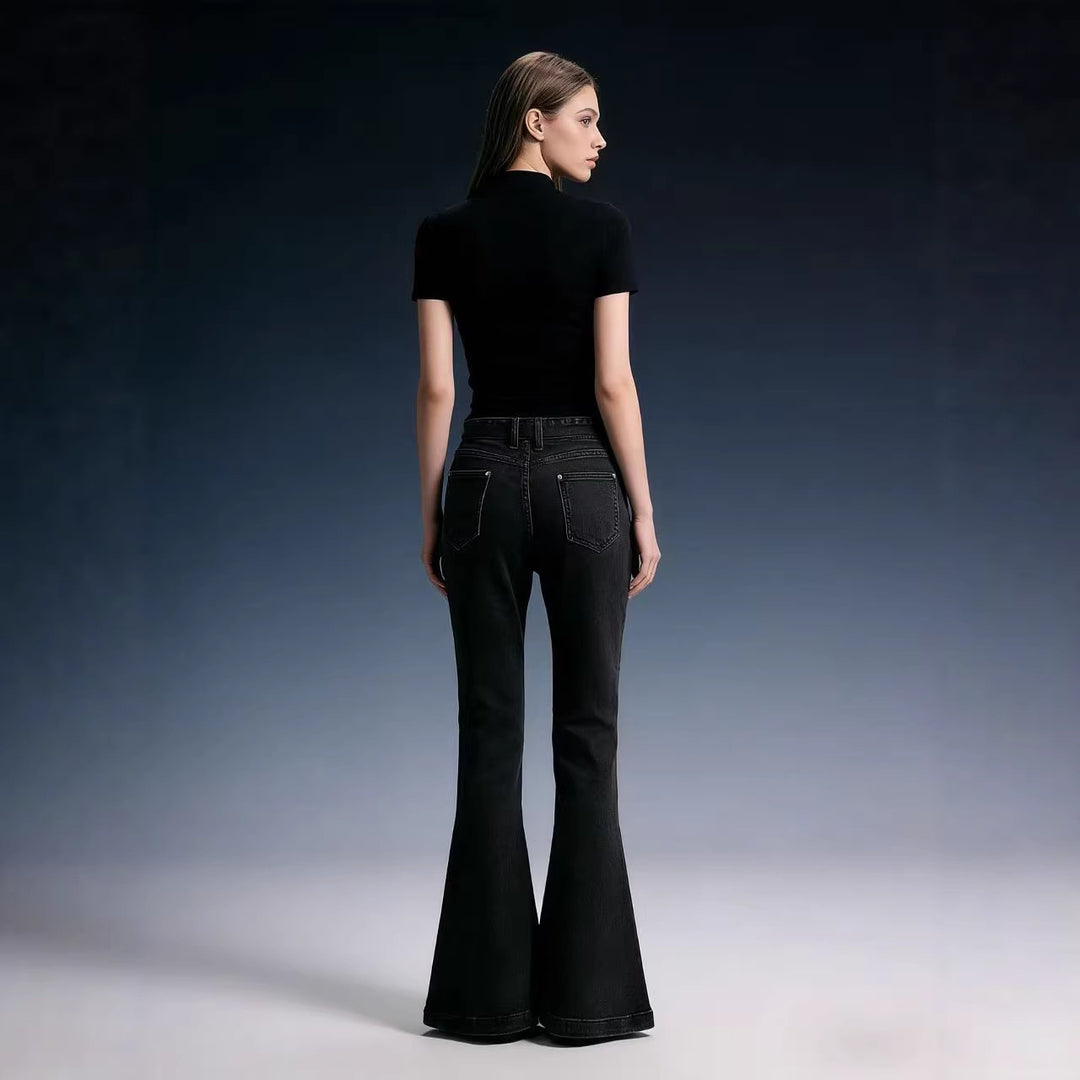 Damen nan High‑Waist Denimhose mit Schleifenbund, hoher Taille und weitem Schlag EB