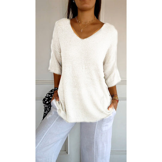 Damen nan locker sitzender V-Ausschnitt Feinstrickpullover mit dreiviertelÄrmeln EB