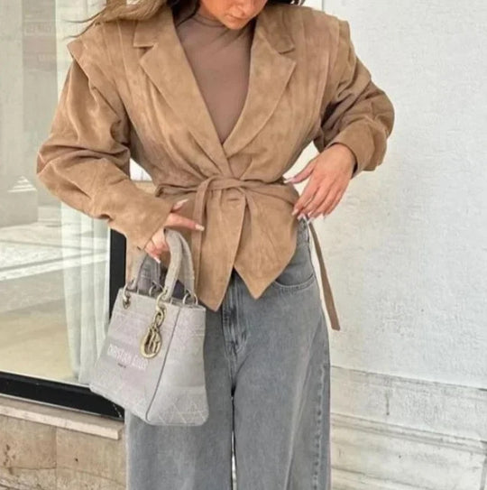 Damen Modische Wildlederjacke mit Taillengürtel EB