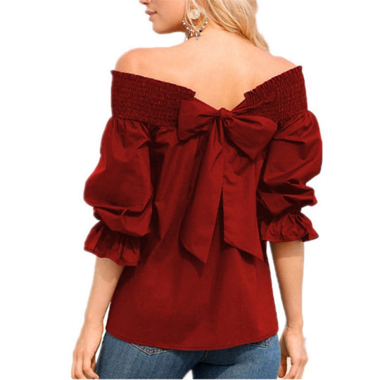 Damen Off-Shoulder Bluse mit Puffärmeln und Schleifendetail EB