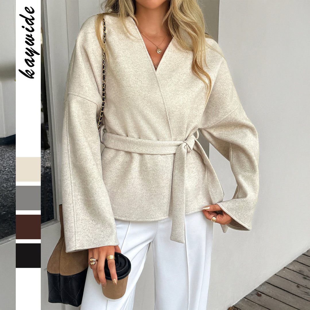 Damen nan taillierter Wollmix-Mantel mit Kimonoärmeln und Bindegürtel EB