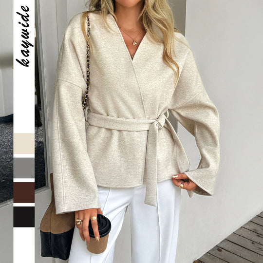 Damen nan taillierter Wollmix-Mantel mit Kimonoärmeln und Bindegürtel EB