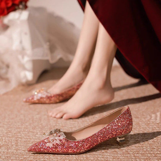 Damen Elegante Ballerinas mit funkelndem Schmuckdetail und stabilem Blockabsatz EB
