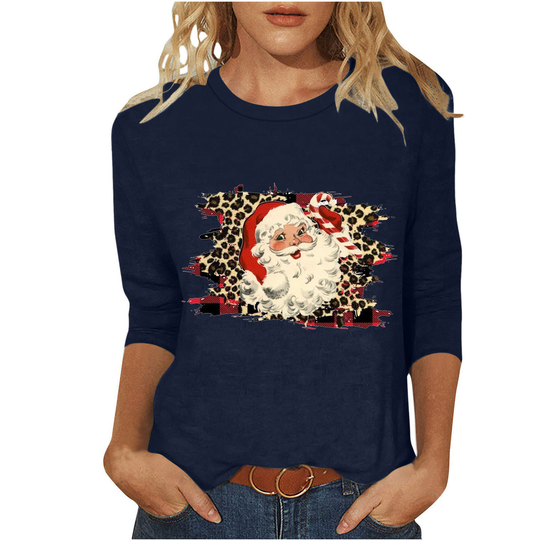 Damen nan lässiges Sweatshirt mit Retro-Weihnachtsmann-Print, Leoparden- und Karomuster und dreiviertelärmel EB