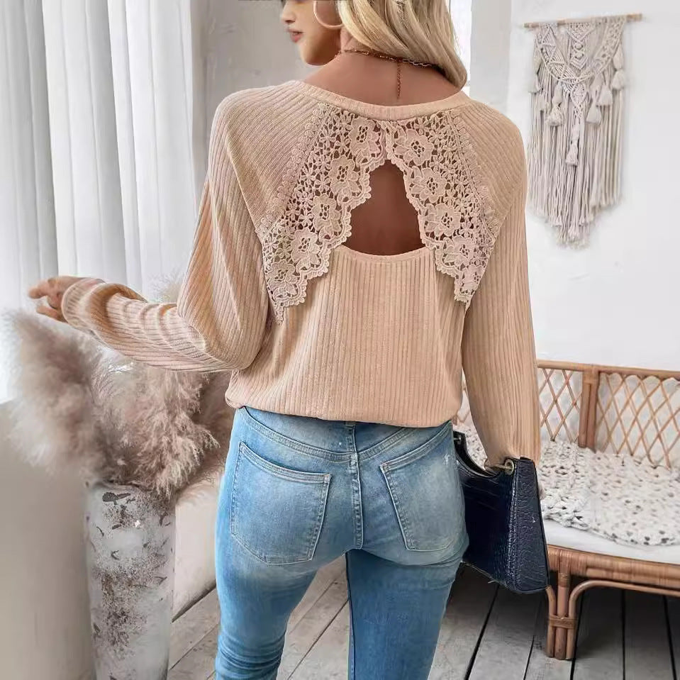 Damen Langarmshirt mit gehäkeltem Rückeneinsatz und strukturierter Oberfläche EB