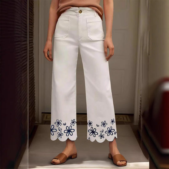 Damen Weite Culotte-Jeans mit gesticktem Blumenmuster EB
