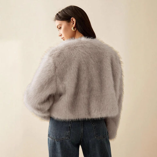 Damen extravagante Kurzarm-Felljacke mit voluminösen Ärmeln EB
