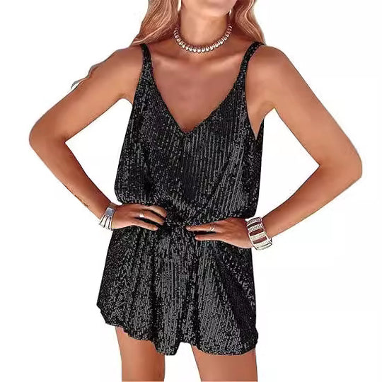Damen Glitzerndes Jumpsuit mit tiefem V-Ausschnitt und elastischer Taille EB
