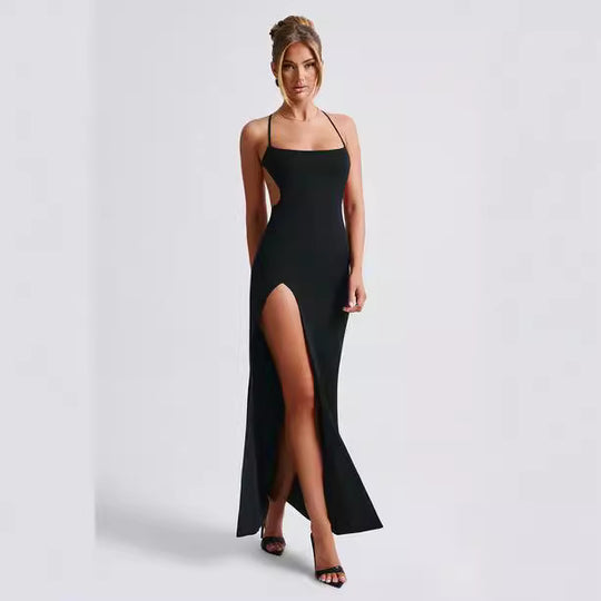 Damen Elegantes Maxikleid mit seitlichem Schlitz und dünnen Trägern EB