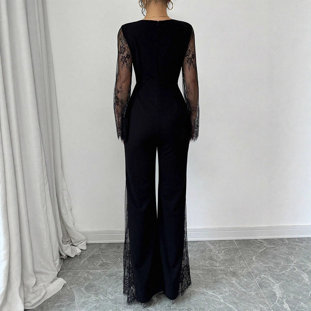 Damen Eleganter Jumpsuit mit schimmernder Spitze und weitem Bein EB