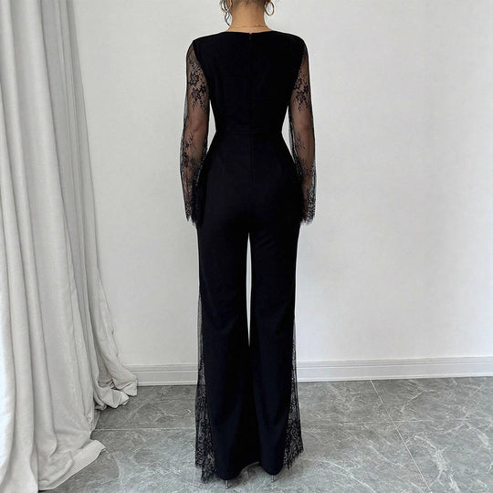 Damen Eleganter Jumpsuit mit schimmernder Spitze und weitem Bein EB