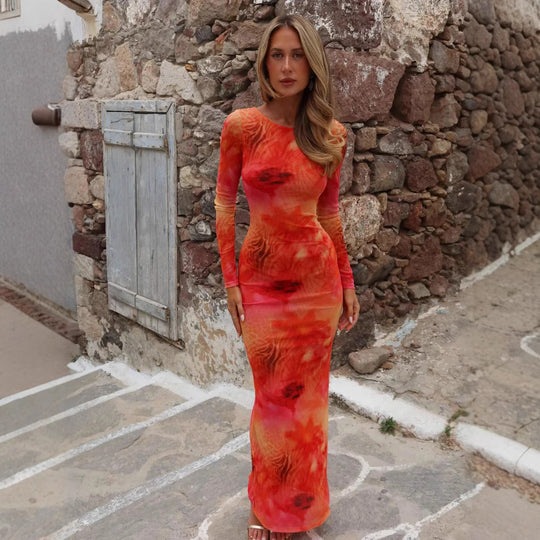 Damen Langarm Maxikleid mit subtilen durchsichtigen Effekten und einzigartigem Farbverlauf EB