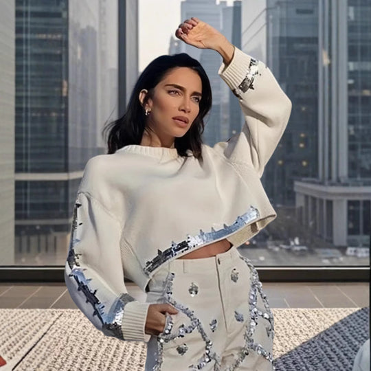 Damen modischer cropped Pullover mit Pailletten EB