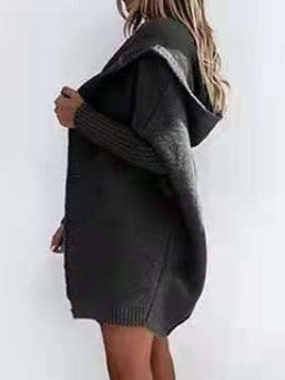 Damen Modische Strickjacke mit Kapuze und offenen Ärmeln EB