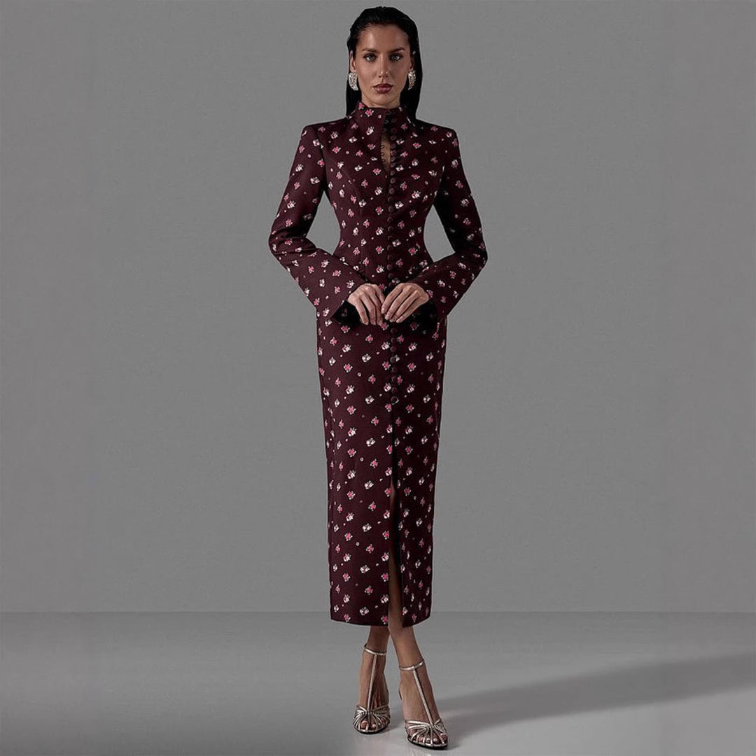 Damen Elegantes Langarmkleid mit floralem Muster und hochgeschlossenem Kragen EB
