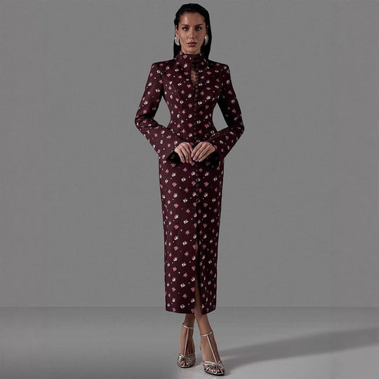 Damen Elegantes Langarmkleid mit floralem Muster und hochgeschlossenem Kragen EB