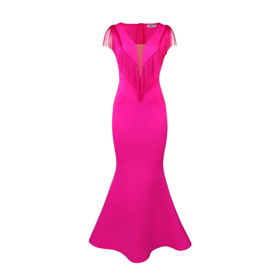 Damen Figurbetontes Abendkleid mit Fransen und tiefem Ausschnitt EB