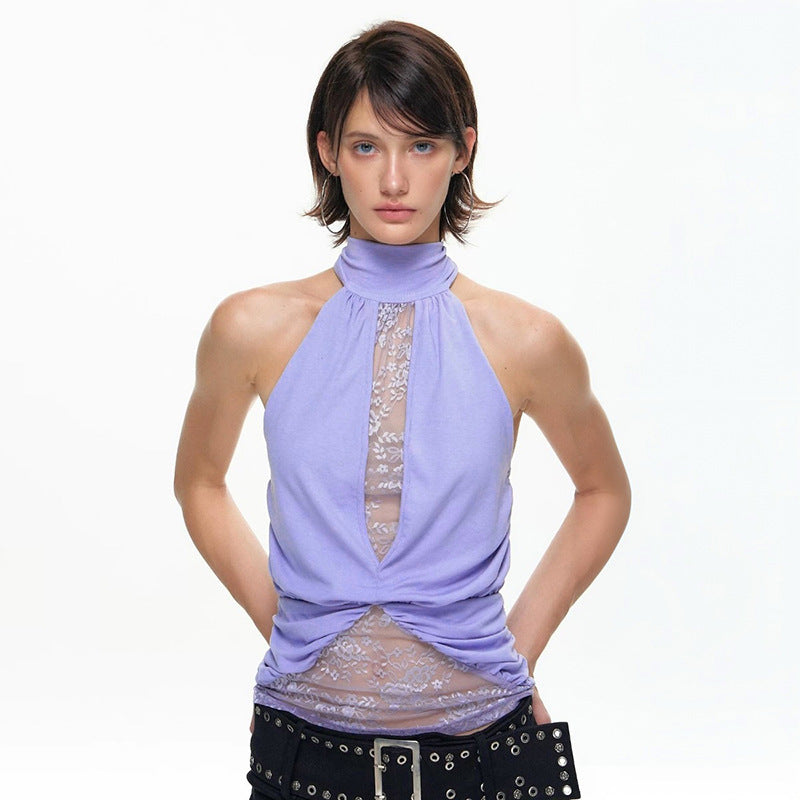 Damen elegantes Neckholder-Top mit transparenten Einsätzen und Raffung EB