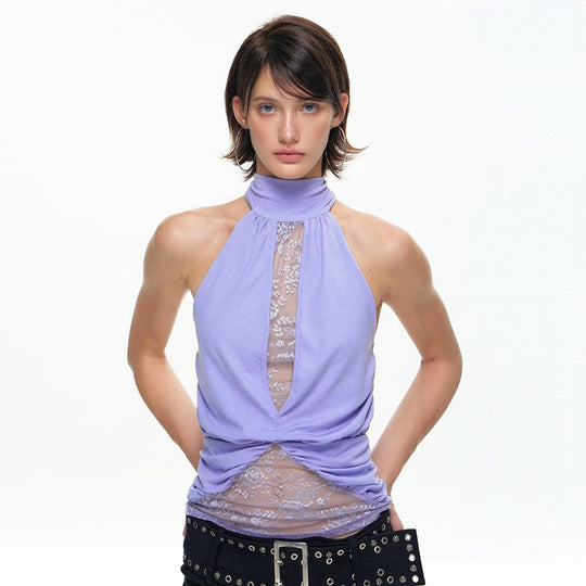 Damen elegantes Neckholder-Top mit transparenten Einsätzen und Raffung EB