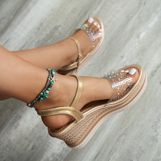 Damen Glamouröse Plateau-Sandalen mit transparenten Riemen und Strass-Applikationen EB
