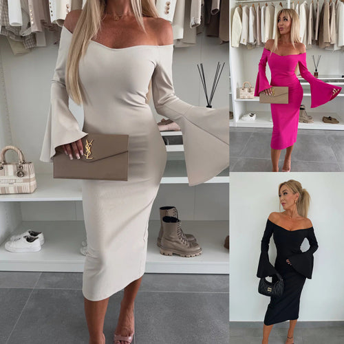 Damen Off-Shoulder Midi Kleid mit weit ausgestellten Ärmeln EB