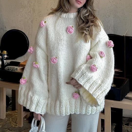 Damen nan Oversize-Strickpullover mit 3D-Blütenapplikationen und weiten Trompetenärmeln EB