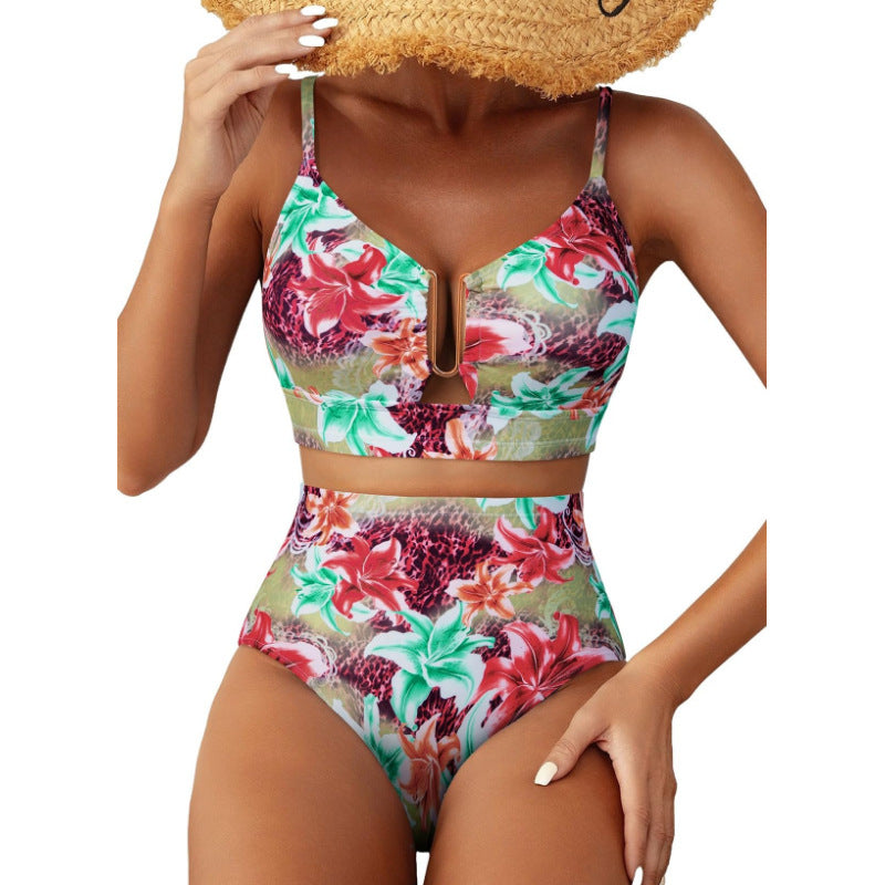 Damen Hoch geschnittener Bikini mit floralem Muster und Leo-Print EB