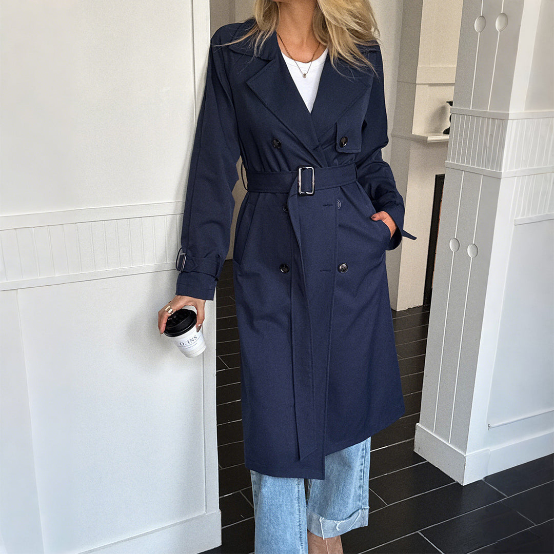Damen nan klassischer Trenchcoat mit Doppelreihe, Taillengürtel, verstellbaren Manschetten und geraden Knopfleiste EB