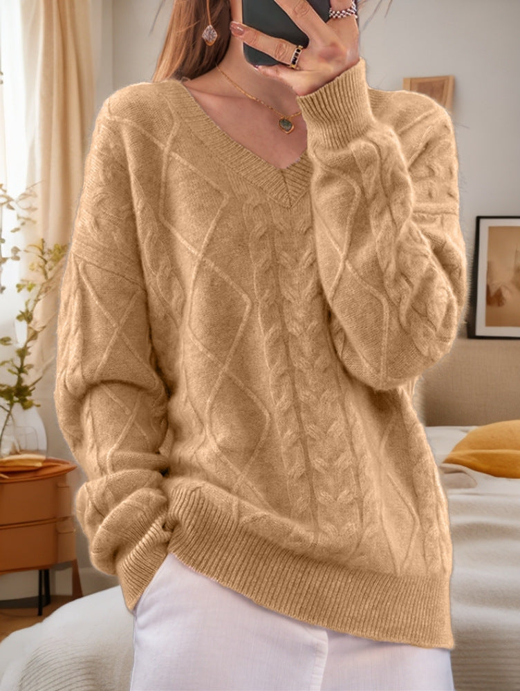 Damen nan kuscheliger V-Ausschnitt Zopfmuster-Pullover mit Oversize-Schnitt und Rippabschlüssen EB