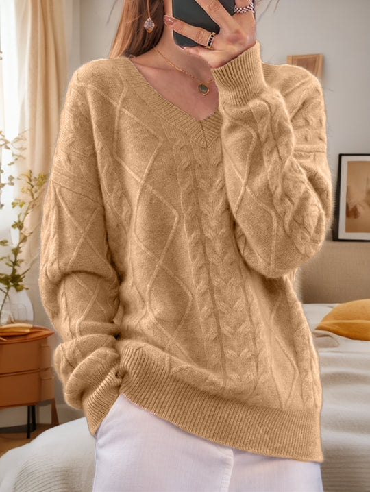Damen nan kuscheliger V-Ausschnitt Zopfmuster-Pullover mit Oversize-Schnitt und Rippabschlüssen EB