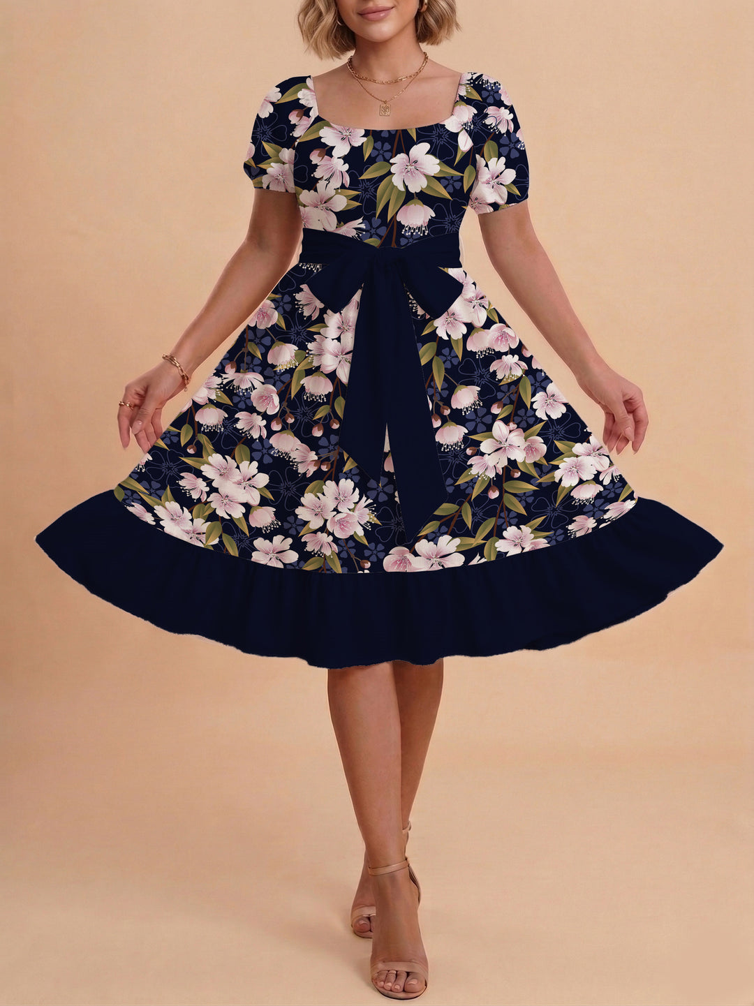 Damen Blumenkleid mit taillierbarem Gürtel und voluminösen Ärmeln EB