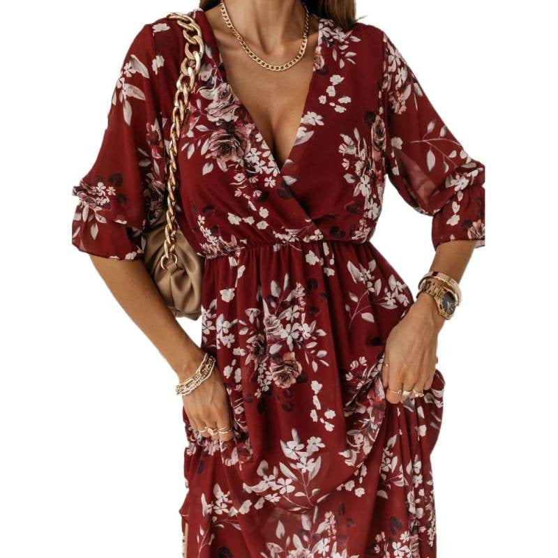 Damen elegantes Maxikleid mit animalischen Mustern und modischem Schlitz EB