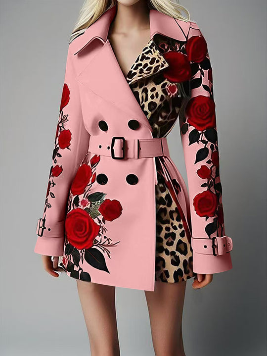 Damen Taillierter Trenchcoat mit Rosenprint und Leoparden-Innenfutter EB