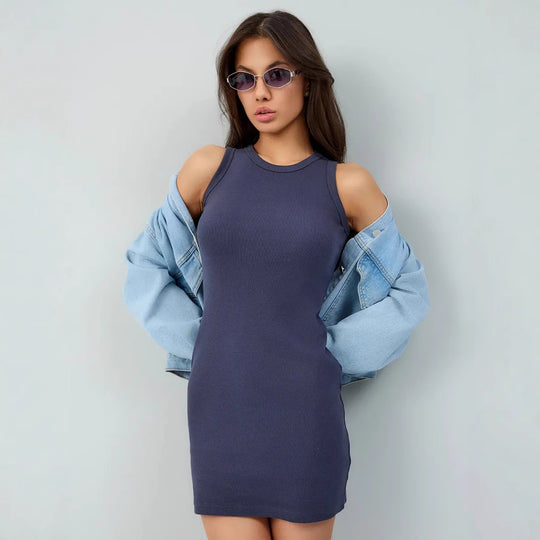 Damen figurbetontes Sommerkleid mit schmalem Schnitt und Rundhalsausschnitt EB