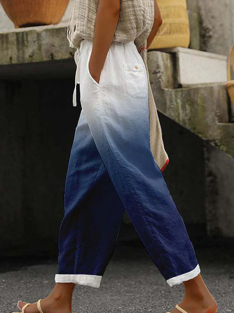 Damen Weite Leinenhose mit handgewebtem Muster EB