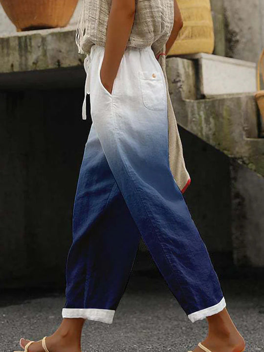 Damen Weite Leinenhose mit handgewebtem Muster EB