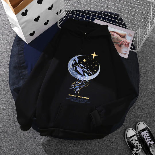 Damen nan Kapuzenpullover mit Mond‑und‑Wal-Illustration, Oversize-Schnitt und Kängurutasche EB