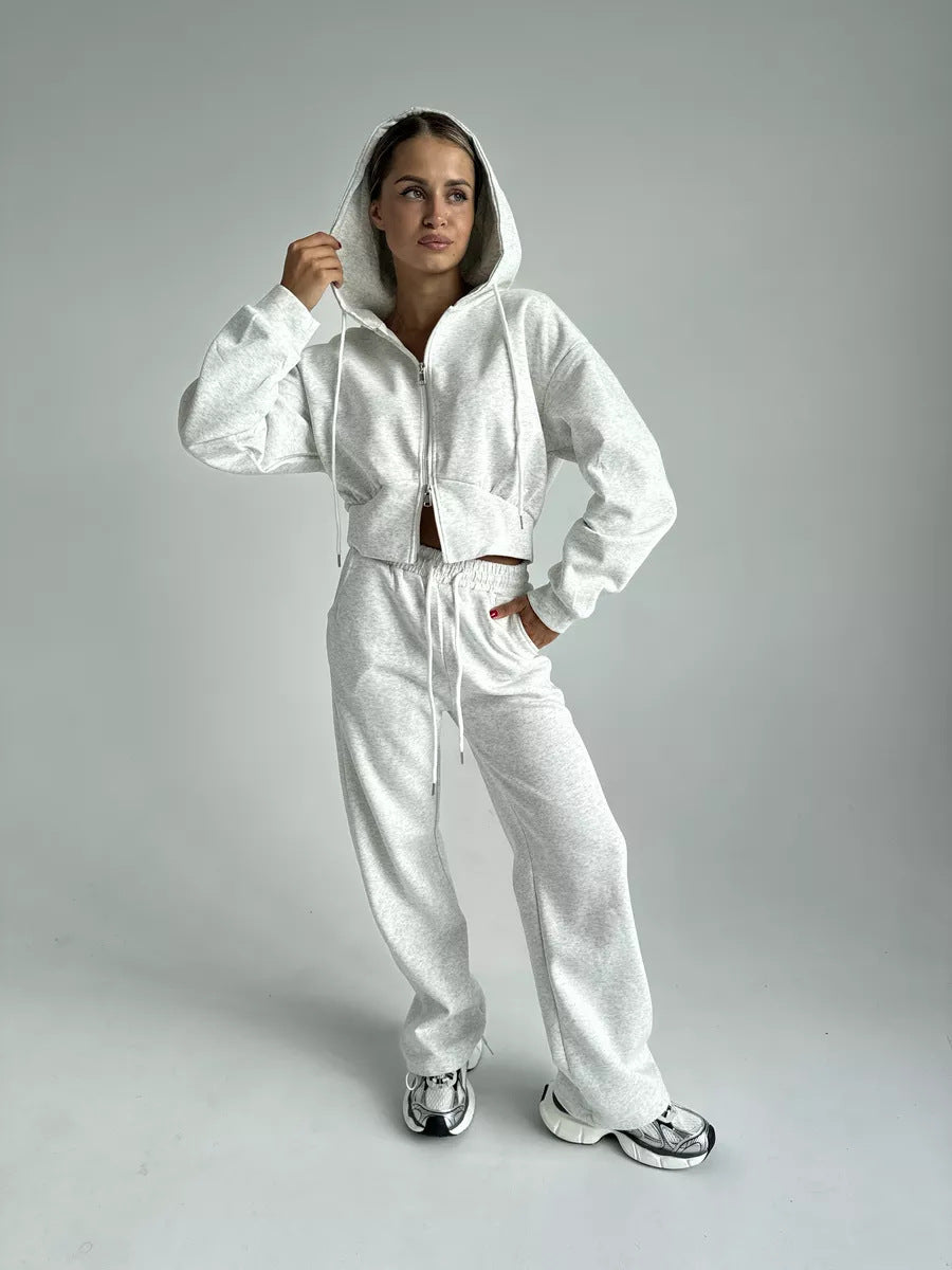 Damen Zweiteiliges Loungewear-Set mit gekürzter Zip-Kapuzenjacke und weitem High‑Waist Jogginghose EB