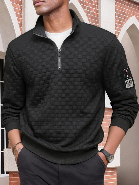 Herren nan strukturierter Stehkragen-Halbzip-Pullover mit Karosteppung, elastischen Bündchen und Ärmel-Patch EB