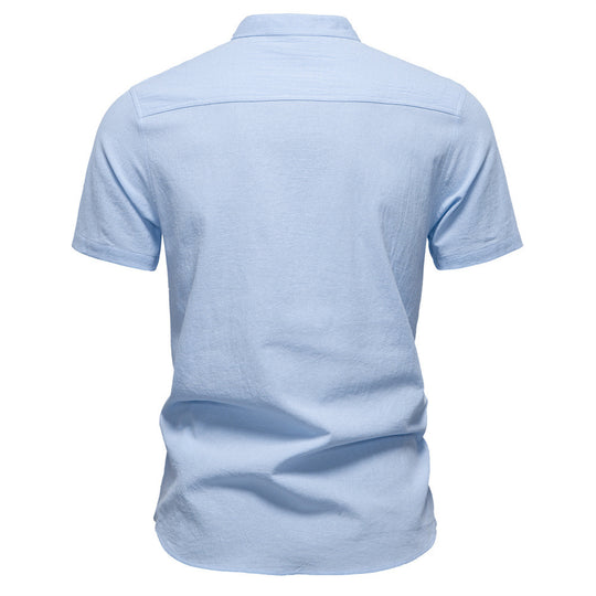 Herren nan lässiges Kurzarmshirt mit Stehkragen, halber Knopfleiste und leicht strukturierter Baumwoll-Leinen-Qualität EB