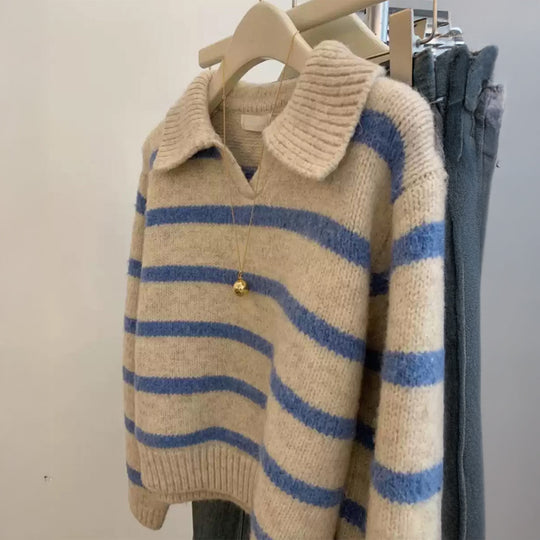 Damen nan kuscheliger Oversize-Strickpullover mit Polokragen und breiten Streifen EB