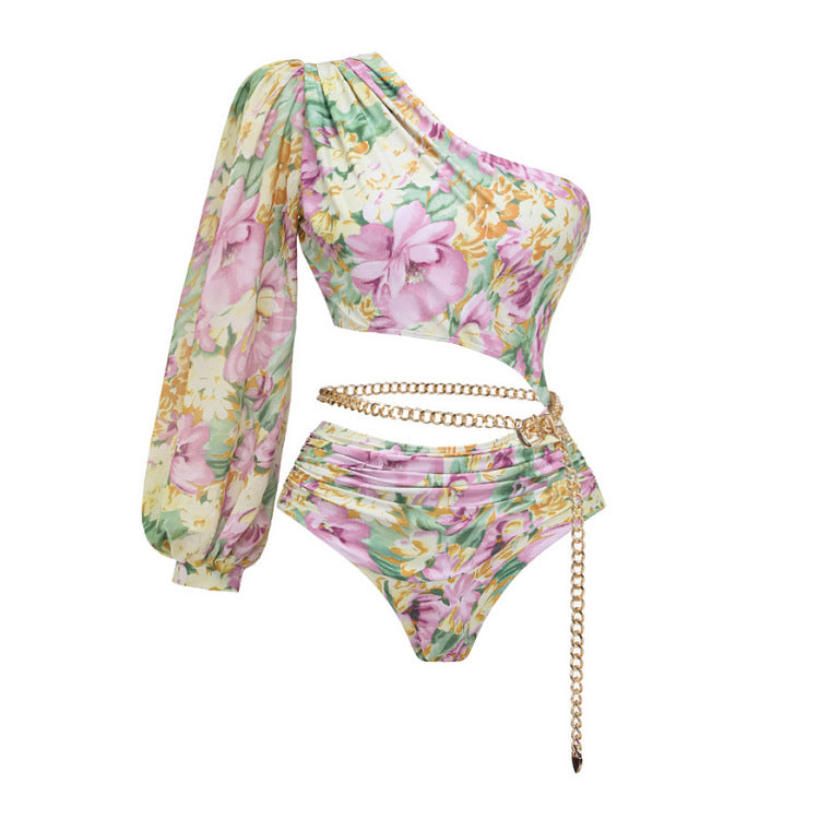 Damen Einseitiger Badeanzug mit floralen Mustern und glamouröse Kette EB