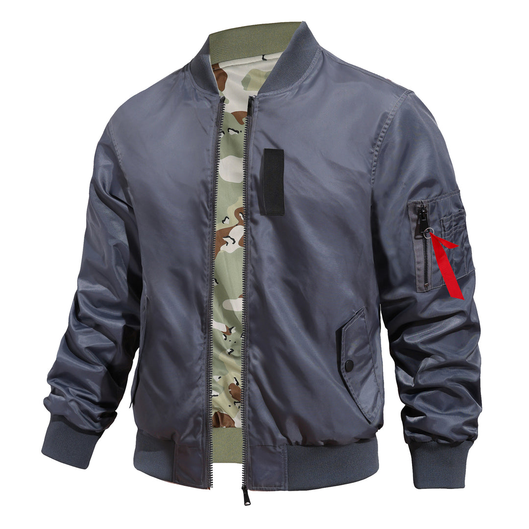Men's  pilot-style MA-1 bomber jacket with camo inner tape and sleeve zip utility pocket EB