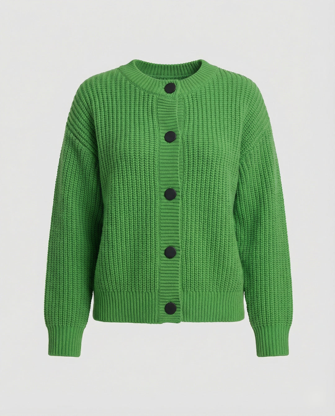 Damen hüftlanger Grobstrick-Cardigan mit markanten runden Zierknöpfen Oversize-Passform Ballonärmeln und geripptem Saum EB